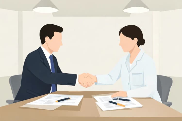 Duas pessoas apertando as mãos sobre uma mesa com documentos e canetas.