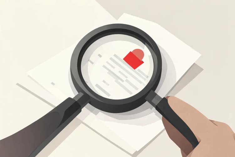 Lupa examinando um documento com letras pequenas e um selo.