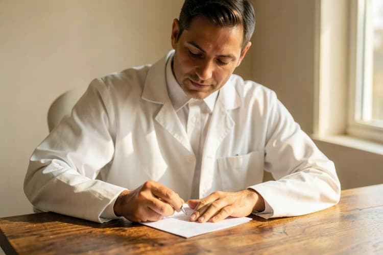 Um médico de jaleco branco examina um documento em uma mesa de madeira, com luz natural entrando pela janela.