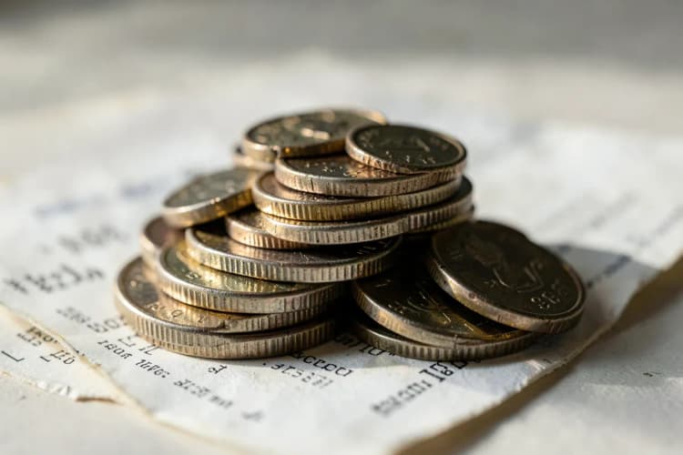 Uma pilha de moedas de diferentes valores empilhadas em frente a um recibo de hospital.