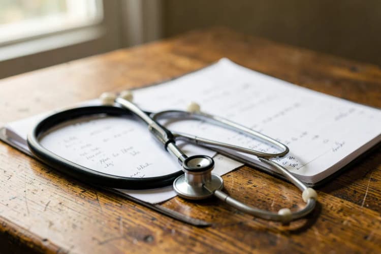Um estetoscópio e um prontuário médico aberto sobre uma mesa de madeira.